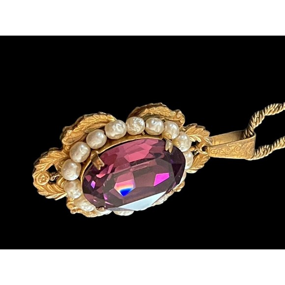 Rare Antique Signed Miriam Haskell Necklace Estate Amethyst Pearl Pendant Chain - Picture 8 of 16